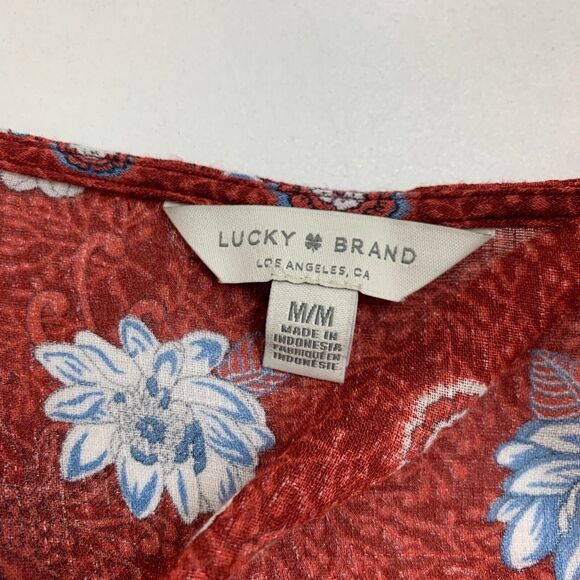 Lucky Brand Blouse Women M Rust Multi Floral Shirred Shoulder V Neck Long Sleeve - Picture 9 of 13